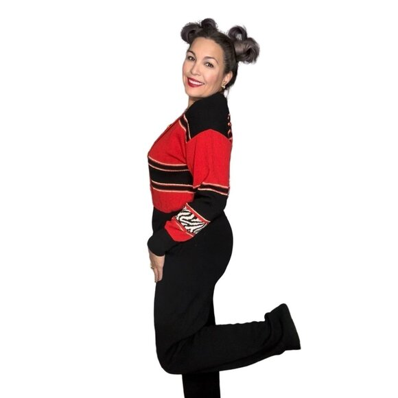 Antonella Preve Red & Black Knit Jumpsuit With Gold Accents & Zebra Pattern Sz L - Picture 2 of 11